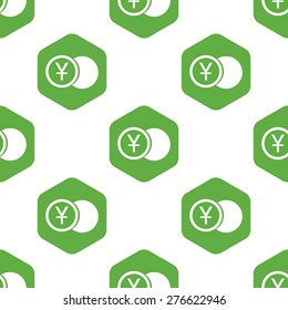 Image of coin with yen symbol in hexagon, repeated on white background