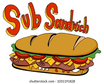 An image of a Cold Cut Sub Sandwich Drawing Foot Long cartoon isolated on white.