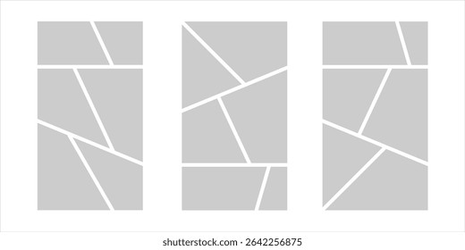 Image collage layout template. Grey mosaic mood board grid collection. Picture frame set. Photo album idea for banner, poster, comic page, flyer, brochure, booklet, memory wall design. Vector pack