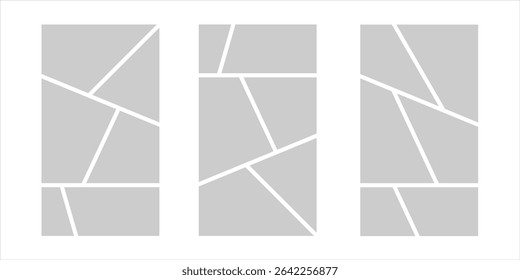 Image collage layout template. Grey mosaic mood board grid collection. Picture frame set. Photo album idea for banner, poster, comic page, flyer, brochure, booklet, memory wall design. Vector pack