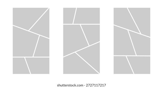 Image collage layout template. Grey mosaic mood board grid collection. Picture frame set. Photo album idea for banner, poster, comic page, flyer, brochure, booklet, memory wall design. Vector pack