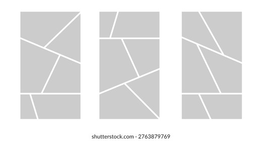 Image collage layout template. Grey mosaic mood board grid collection. Picture frame set. Photo album idea for banner, poster, comic page, flyer, brochure, booklet, memory wall design. Vector pack