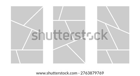 Image collage layout template. Grey mosaic mood board grid collection. Picture frame set. Photo album idea for banner, poster, comic page, flyer, brochure, booklet, memory wall design. Vector pack