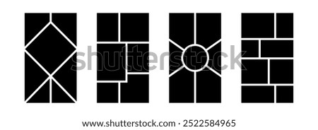 Image collage layout template set. Black mosaic mood board grid collection. Picture composition arrangement. Photo album or memory wall idea for banner, poster, mockup, flyer, brochure. Vector