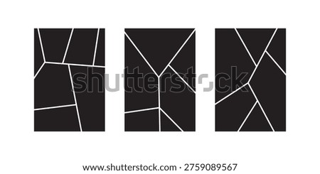Image collage layout template set. Black mosaic mood board grid collection. Vector 6-7 picture slot composition arrangement. Photo album or memory wall idea for banner, poster, mockup, flyer, brochure