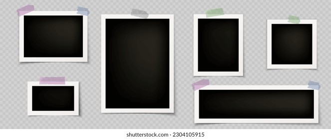 Image collage with photo frames. Template of album, gallery wall with blank photography, paper snapshots with white border and adhesive tape, vector realistic set isolated on transparent background