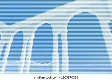 Image collage of rotunda gazebo on the seafront from horizontal lines and paths of variable color blue thickness. Vector illustration.
