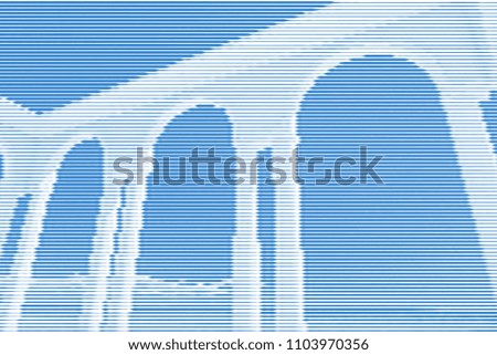 Image collage of rotunda gazebo on the seafront from horizontal lines and paths of variable color blue thickness. Vector illustration.