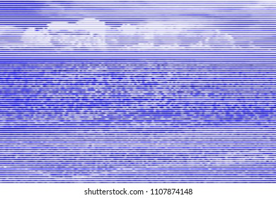 Image collage of sandy beach on the sea and blue sky from horizontal lines and paths of variable thickness color blue on white background. Vector illustration.