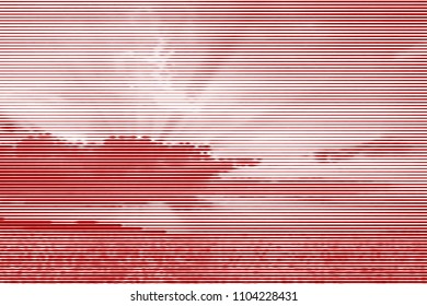 Image collage of sunset over the sea from horizontal lines and paths of variable thickness color red on white background. Vector illustration.
