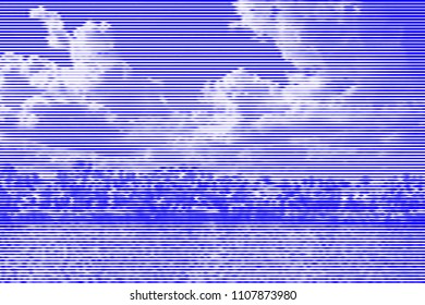 Image collage of trees on the bank of the river and sky with clouds from horizontal lines and paths of variable thickness color blue on white background. Vector illustration.