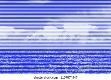 Image collage of water surface of the sea by day and clear blue sky with clouds from horizontal lines and paths of variable thickness color blue on white background. Vector illustration.