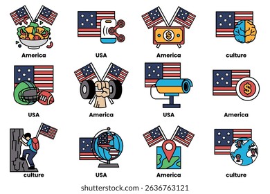 The image is a collection of American flags and other symbols. The flags are arranged in a grid, with some placed above others. The flags include the American flag, the flag of the United States