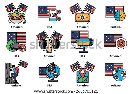 The image is a collection of American flags and other symbols. The flags are arranged in a grid, with some placed above others. The flags include the American flag, the flag of the United States