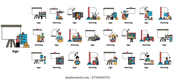 A imagem é uma coleção de personagens de desenho animado que representam diferentes trabalhos e tarefas. Os caracteres são desenhados em uma variedade de estilos e cores, e eles são organizados em um padrão semelhante à grade