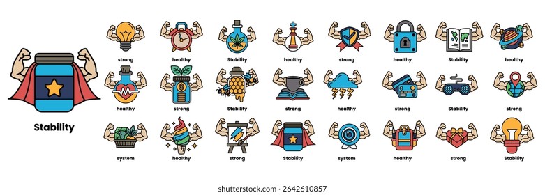 The image is a collection of cartoon characters with various body parts, including muscles, and is titled "Stability."