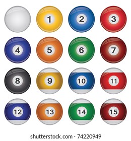 Image of a collection of colorful billiard balls isolated on a white background.