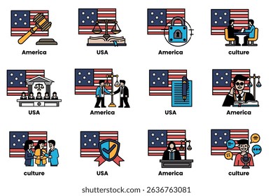 The image is a collection of different American icons, including judges, lawyers, and other legal professionals. The icons are arranged in a grid