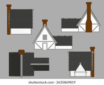 The image is a collection of different house designs, each with a unique roof style. Scene is creative and imaginative, as the houses are not real but rather stylized and drawn