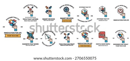 The image is a collection of different icons and symbols, each with a different meaning. The icons are arranged in a grid, with some overlapping each other. Scene is one of innovation and creativity