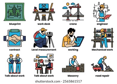 The image is a collection of different professions, including engineers, construction workers, and architects. Scene is professional and focused on work