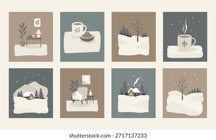 La Imagen es una colección de diferentes escenarios, todos con una acogedora cabaña en el bosque con una taza de café en una mesa. Cada escena tiene un sentimiento y una atmósfera diferentes