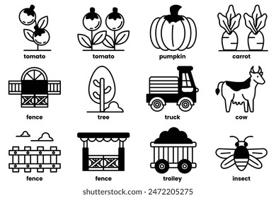 The image is a collection of farm-related icons, including a tractor, a cow, a car, a truck, a pumpkin, a tomato, a carrot, a bee, a butterfly, a fence, a tree, and a bird