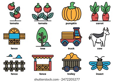 The image is a collection of farm-related icons, including a tractor, a cow, a car, a truck, a pumpkin, a tomato, a carrot, a bee, a butterfly, a fence, a tree, and a bird