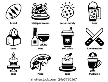 The image is a collection of food and drink icons, including pizza, cake, wine, and beer