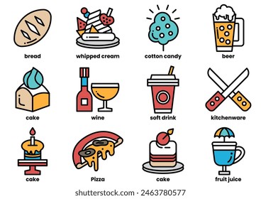 The image is a collection of food and drink icons, including pizza, cake, wine, and beer