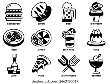 The image is a collection of food and drink icons, including pizza, cake, wine, and beer