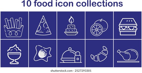 The image is a collection of food icons, including pizza, sandwiches, and fruit. The icons are arranged in a grid, with each one representing a different type of food. Scene is casual and fun
