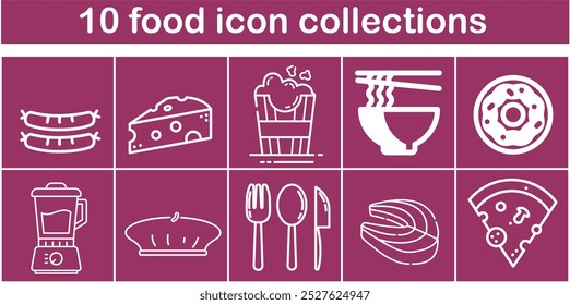 The image is a collection of food icons, including pizza, salad, and utensils such as forks and knives