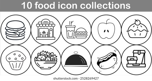 The image is a collection of food icons, including a sandwich, a cupcake, a salad, and a hot dog