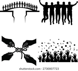 The image is a collection of four black silhouettes on a white background, depicting various scenes of unity, teamwork, and celebration. The top-left silhouette shows a group of people standing together on a bridge, symbolizing connection and togetherness. The top-right silhouette features four individuals jumping together with their arms raised, conveying joy and camaraderie. The bottom-left silhouette illustrates four hands holding a knot, representing unity and cooperation. The bottom-right silhouette depicts a crowd of people with their hands raised, surrounded by confetti, signifying celebration and festivity.