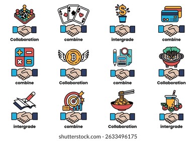 A imagem é uma coleção de ícones manuais que representam conceitos diferentes, como colaboração, comprometimento e integração