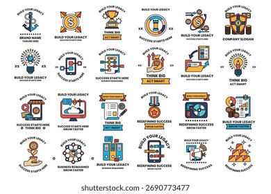 Das Bild ist eine Sammlung von Logos und Symbolen. Jedes Logo hat ein anderes Konzept und eine andere Stimmung, und sie alle vermitteln ein Gefühl von Innovation und Fortschritt