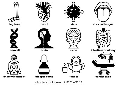 The image is a collection of medical symbols and icons. The symbols include a heart, a leg bone, a brain, a tongue, a bottle, a cup, a chair, a bed, a doctor's chair, a hospital bed