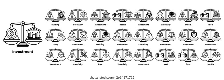The image is a collection of scales with different weights on each side. The scales are labeled with various words such as "investment," "reward," "creativity,"
