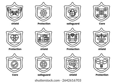 The image is a collection of shields with various symbols and words on them. The shields are arranged in a grid, with each one having a different design and message. Scene is one of protection