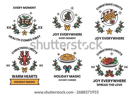 The image is a collection of six different Christmas-themed designs. Each design features a different type of food, such as a plate of cookies, a bowl of fruit, or a plate of meat