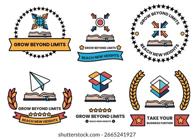 The image is a collection of six different designs all of which feature a book