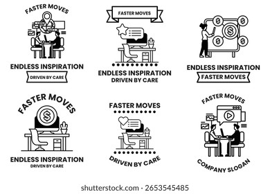 The image is a collection of six different icons that all have the same theme of "faster moves". Each icon features a person in a work environment, with some sitting at a desk and others standing