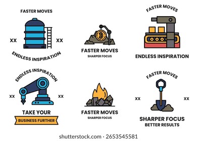 The image is a collection of six different icons that all have the same concept of faster movements. The icons include a machine, a shovel, a fire, a robot, a tank, and a drill