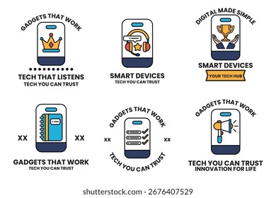 Das Bild ist eine Sammlung von sechs verschiedenen Symbolen, die sich auf Technologie und Gadgets beziehen. Zu den Symbolen gehören ein Buch, ein Handy, ein Mikrofon, ein Laptop, ein intelligentes Gerät und eine Trophäe