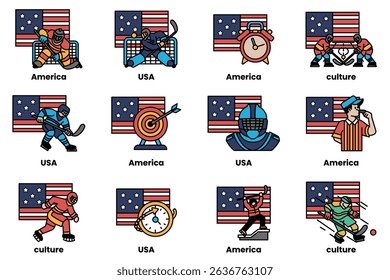 The image is a collection of sports icons from the USA. The sports icons include hockey players, basketball players, and baseball players. The sports icons are shown in various poses and positions