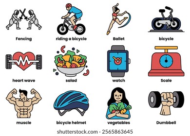 The image is a collection of various fitness-related icons, including a bicycle, a watch, a heart, a salad, a dumbbell, a person doing a push-up, a person doing a sit-up, a person doing a pull