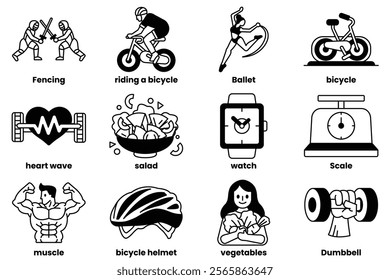 The image is a collection of various fitness-related icons, including a bicycle, a watch, a heart, a scale, and a dumbbell. The icons are arranged in a grid, with some overlapping each other