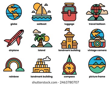 The image is a collection of various icons representing different aspects of travel and transportation. These icons include a plane, a boat, a suitcase, a camera, a clock, and a compass