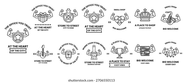 Das Bild ist eine Sammlung von verschiedenen Symbolen und Designs, die alle mit dem Konzept der Stärke und Macht verbunden sind. Die Symbole umfassen eine Krone, eine Trophäe, eine Faust und einen Muskel